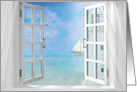 open window with ocean view of lighthouse and sailboat card