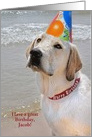 Specific Name Birthday, Labrador Retriever with a party hat on a beach card