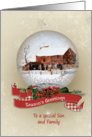 Season’s Greeting for Son and family-snow globe with barn painting card