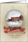 Season’s Greeting for Grandson and family, snow globe with winter barn card
