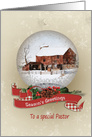 Season’s Greeting for Pastor, old barn in snow globe card