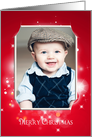 Merry Christmas-photo card frame with bokeh lights on red card