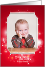 Christmas-photo card frame with bokeh lights on red card