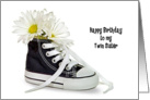 Twin Sister Birthday-daisy bouquet in a black and white sneaker card