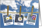 80th Birthday daisy in jean pocket and butterfly photos on clothesline card