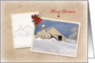 Merry Christmas-old barn in snapshot frame on snowflake background card