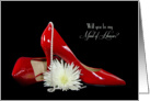 Maid of Honour request invitation-red pumps with pearls and flower card