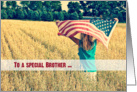 Military thank you to Brother-girl with American flag in wheat field card