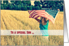 Military thank you to Son-young girl with American flag in a field card