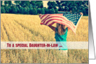 Military thanks to Daughter-in-law -girl with American flag in a field card