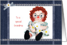 Grandma’s Birthday-old rag doll with daisy bouquet card