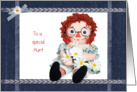 Aunt’s Birthday-old rag doll with daisy bouquet card