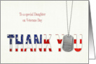 Daughter’s Veterans Day, Military Dog Tags With Flag Thank You card