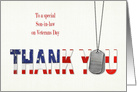 Son in law’s Veterans Day, military dog tags with flag thank you card