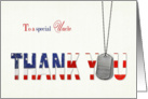 Uncle Military Thank You-military dog tags with patriotic flag thanks card