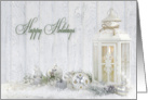 Happy Holidays- white lantern with holiday ornaments and pine cones card