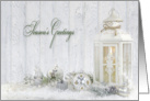 Season’s Greetings- white lantern with holiday ornaments card