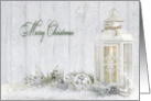 Merry Christmas-white lantern with Christmas ornaments in snow card