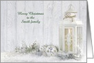 Christmas name specific white candle lantern with ornaments in snow card