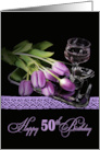 50th Birthday Purple Tulips and Wine Glass On Silver Tray card