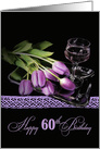 60th Birthday purple tulips with wine glass on silver tray card