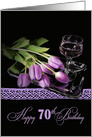 70th Birthday purple tulips with wine glass on silver tray card