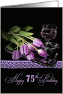 75th Birthday purple tulips with wine glass on silver tray card