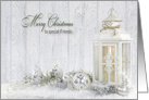 Friend’s Christmas white candle lantern with holiday ornaments in snow card