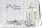 Boss’s Christmas white candle lantern with holiday ornaments in snow card