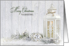 Aunt’s Christmas white candle lantern with holiday ornaments in snow card