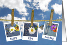 73rd Birthday-daisy in jean pocket and butterfly photos on clothesline card