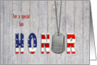 Son in military thank you-dog tags with American flag font on wood card