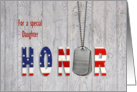 Daughter in military thank you-dog tags with flag font on wood card