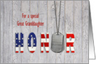 Great Granddaughter thank you-military dog tags with flag font on wood card