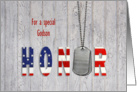 Godson thank you-military dog tags with flag font on wood card