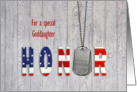 Goddaughter thank you-military dog tags with flag font on wood card