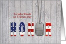 Customized name for Veterans Day military dog tags on rustic wood card