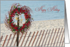 Happy Holidays-berry wreath and starfish on beach fence card