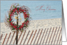 Merry Christmas Red Berry Wreath and Starfish on Beach Fence card