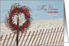 Sister’s Christmas red berry wreath and starfish on beach fence card