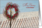 Neighbor’s Christmas-berry wreath and starfish on beach fence card