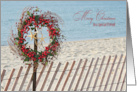 Friend’s Christmas, Red Berry Wreath With Starfish on Beach Fence card