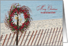 Aunt and Uncle Christmas red berry wreath and starfish on beach fence card