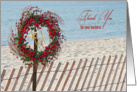 Christmas Business thank you-berry wreath and starfish on beach fence card