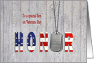 Son on Veterans Day military dog tags with flag font on wood card