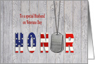 Husband on Veterans Day, military dog tags with flag font on wood card