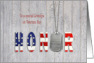 Grandpa on Veterans Day military dog tags with flag font on wood card