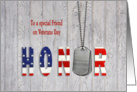 Friend on Veterans Day-military dog tags with flag font on wood card