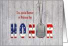 Partner on Veterans Day-military dog tags with flag font on wood card