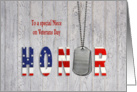 Niece on Veterans Day-military dog tags with flag font on wood card